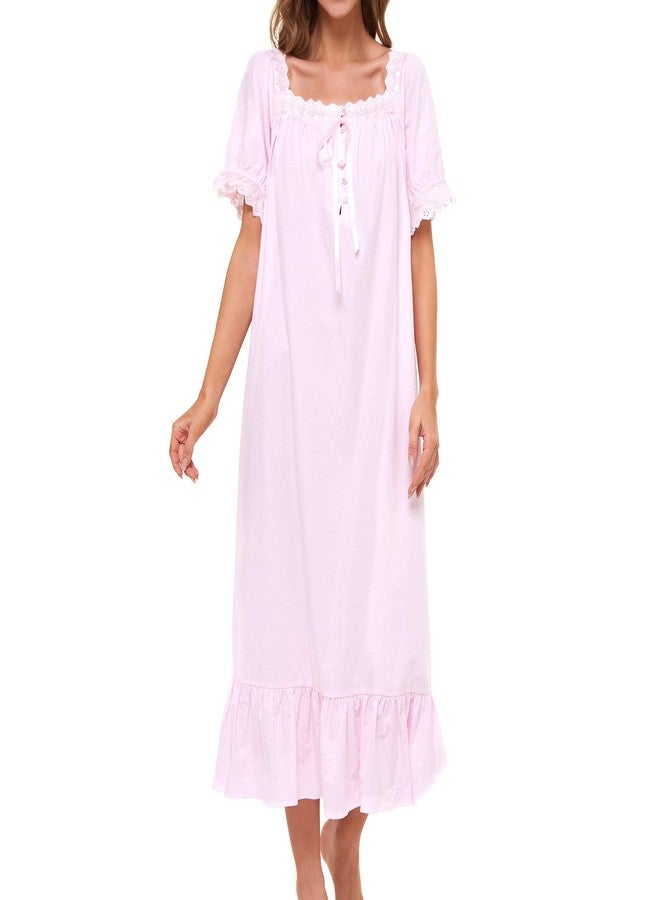 Lu's Chic Women's Victorian Nightgown Cotton Sleepwear Long Loungewear Short Sleeve Soft Nightwear Night Dress Sleep Calf Length Ruffle Nightdress Scoop Neck Lace Solid Pink Small - Image 3